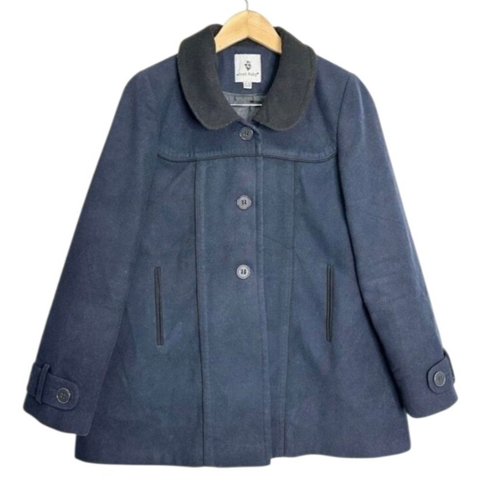 Just Ruby Women's Blue Pea Coat Jacket with Black Collar